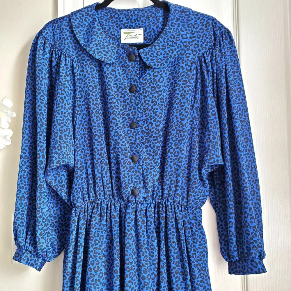 Vintage Tribute Blue Animal Print Dress Elastic Waist Long Sleeve Size M GUC - Picture 9 of 14